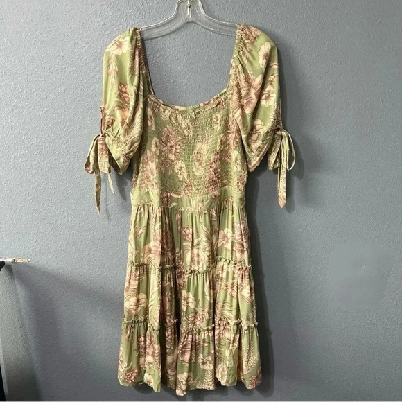 NWOT Aguabendita Floral Dress Women’s Sz MED 100% Rayon Green/Beige Tie Sleeves - Picture 4 of 9